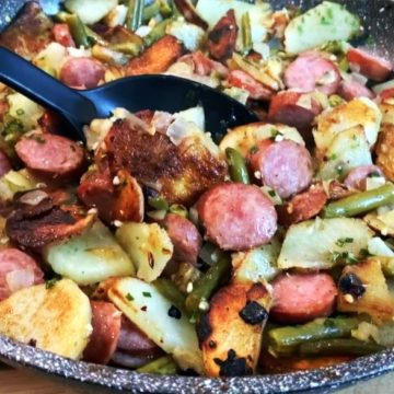 Home Fried Potatoes and Sausage in skillet