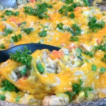 Cheesy Chicken and Rice in skillet