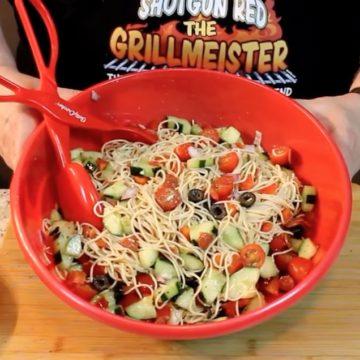 Italian Pasta Salad recipe in red bowl