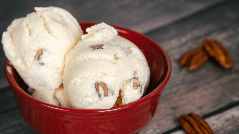 Butter Pecan Ice Cream in a red bowl