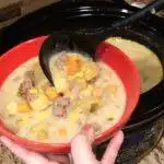 Hamburger Potato Soup in red bowl