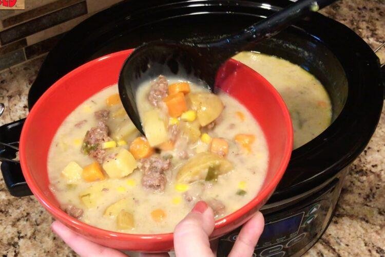 Hamburger Potato Soup in red bowl