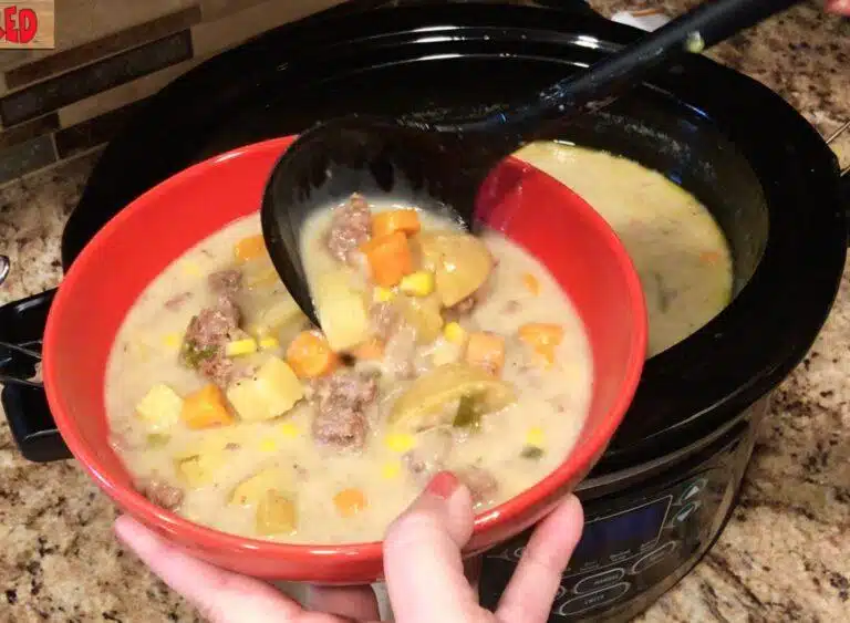Hamburger Potato Soup in red bowl