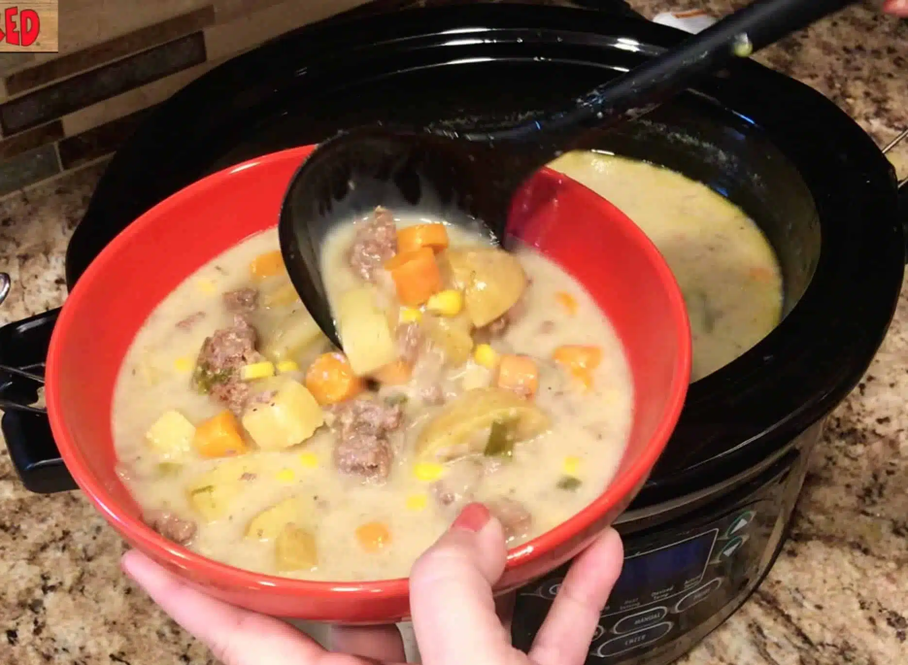 Hamburger Potato Soup in red bowl