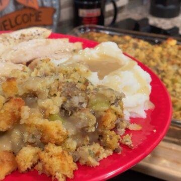 Cornbread Sausage Stuffing on a red plate