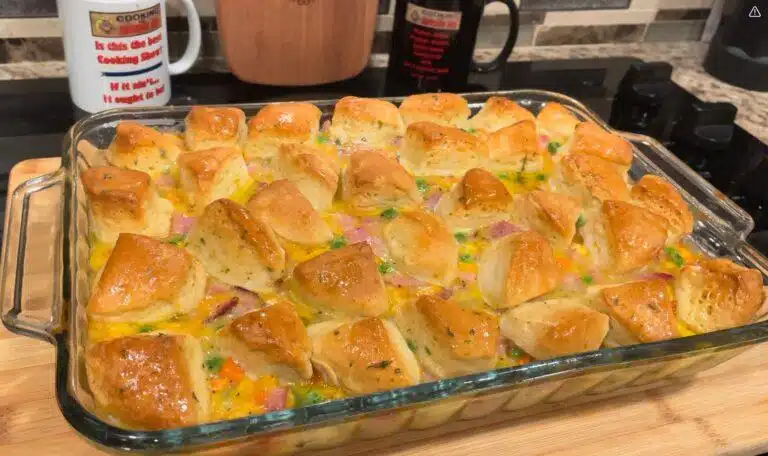 Easy Biscuit Ham Potato Bake in casserole dish