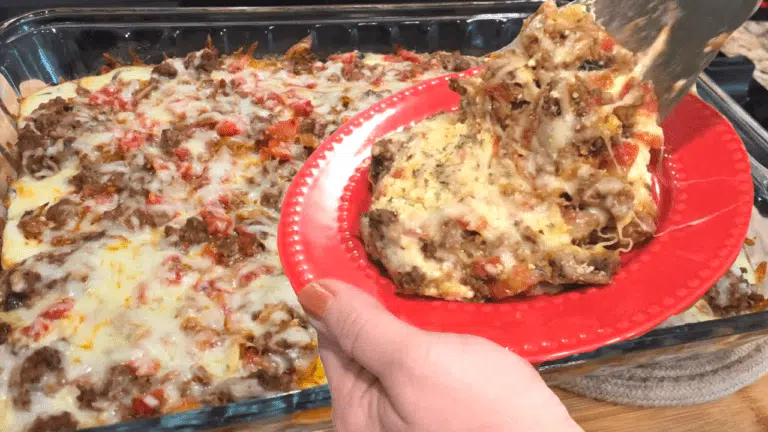 7 Cheese Hamburger Potato Casserole on Red plate