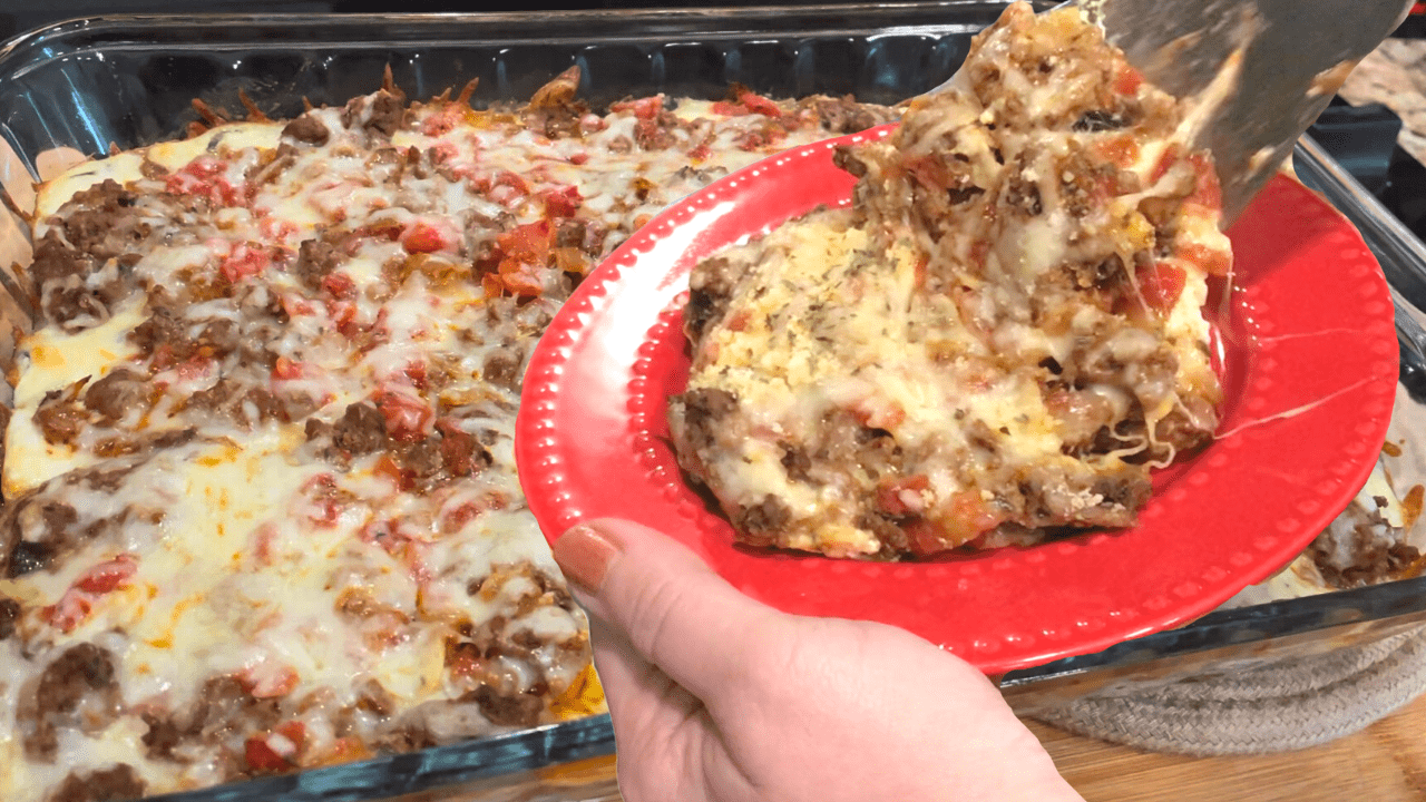 7 Cheese Hamburger Potato Casserole on Red plate