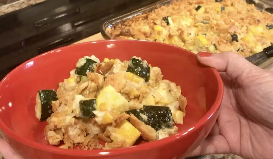 Creamy Chicken Ritz Casserole in a red bowl
