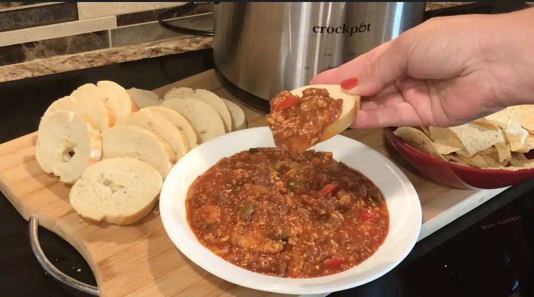 Slow Cooker Sloppy Joe Dip in a white bowl