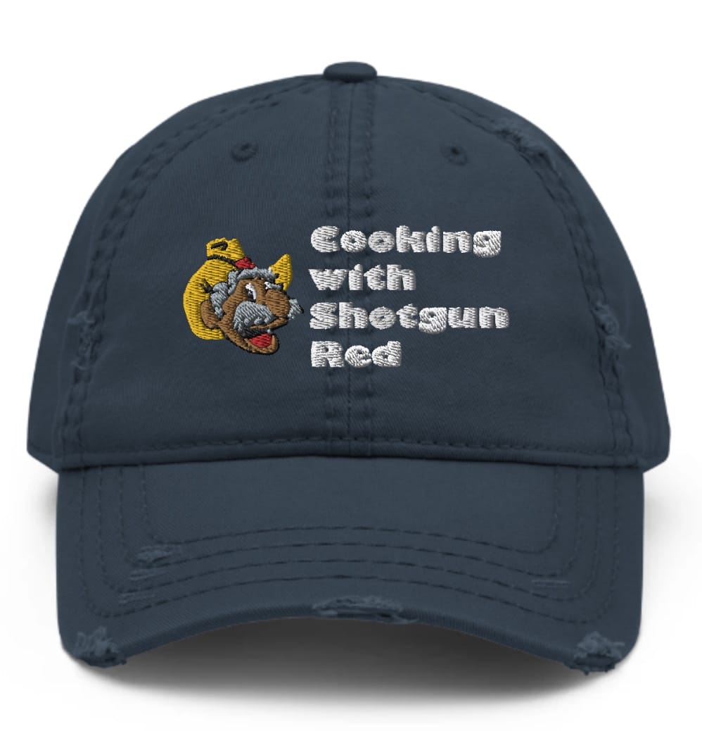 Cooking with Shotgun Red Distressed Dad Hat Navy