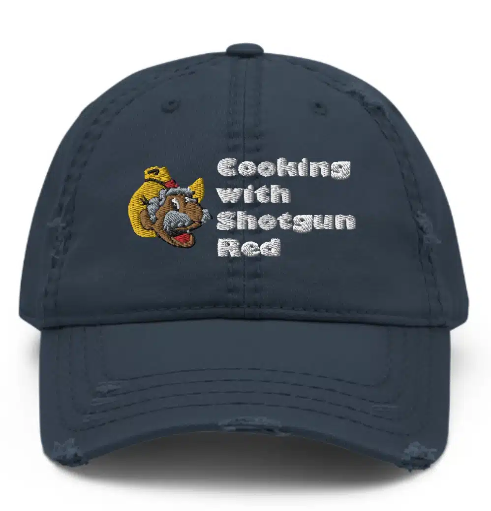 Cooking with Shotgun Red Distressed Dad Hat Navy