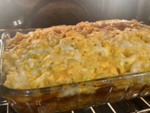 Mac and Cheese Meatloaf Casserole in the oven