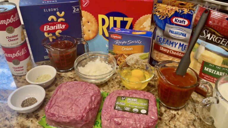 Ingredients to make Mac and Cheese Meatloaf Casserole