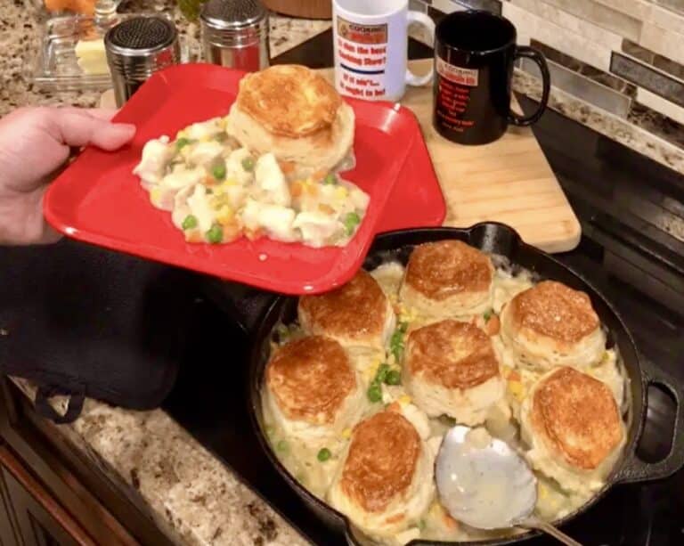 Chicken and Biscuits in a cast iron skillet