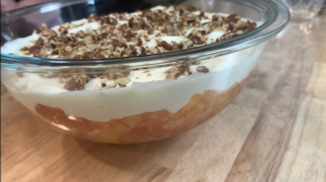 Old Fashioned Peach Jello Salad in a glass bowl