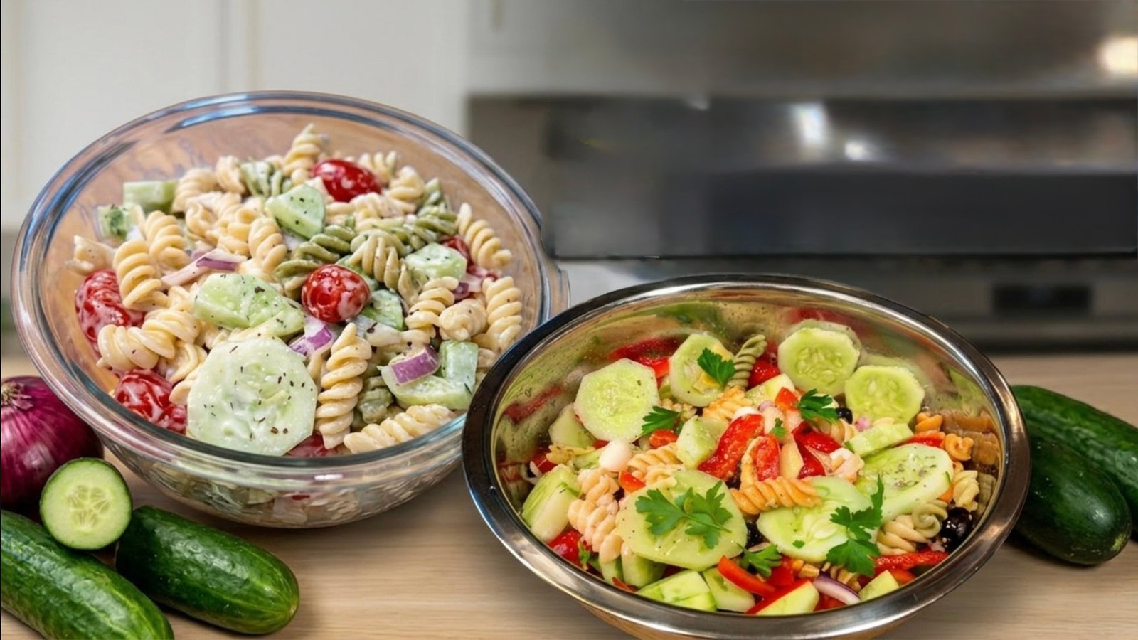 Two Creamy Cucumber Salads in bowls